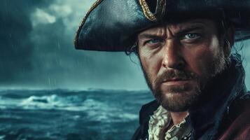 A rugged pirate captain gazes intently against a stormy ocean backdrop, embodying strength, leadership, and adventure on the high seas. photo