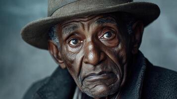 Portrait of an elderly African man with a wrinkled face, wearing a hat and coat, displaying exaggerated confusion against a gray background with subtle lighting. photo