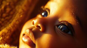 Happy baby smiling against a warm, golden bokeh background, creating a soft and joyful atmosphere. photo