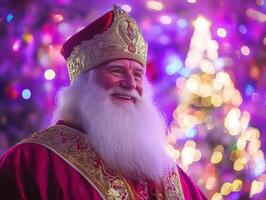A joyful Saint Nicholas with a long white beard, dressed in a golden robe with red trim, standing in front of a brightly lit Christmas tree, set against a festive purple background. photo