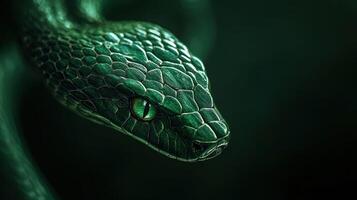 Intricately carved green snake with bright emerald eyes, symbolizing 2025. photo