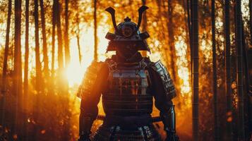 A focused samurai warrior in traditional armor stands in front of a glowing sunset, symbolizing honor, strength, and resilience. photo
