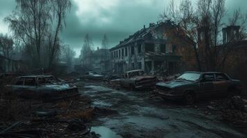 The abandoned cars in the middle of a city photo