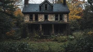 Creepy haunted house with broken windows and overgrown plants photo