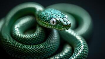 Green wooden snake with intricate design and pearlescent eyes, capturing attention. photo
