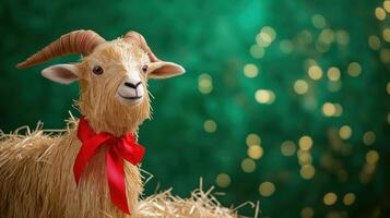 A traditional straw Yule Goat with curved horns and a red ribbon stands on green tinsel against a festive green background with bokeh lights. photo