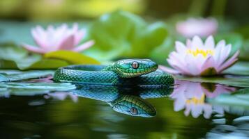 Detailed green snake and water lily arrangement, symbolizing harmony and serenity in nature. photo