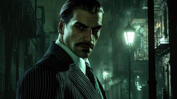 A stern-looking man in a pinstripe suit stands in a dimly lit, foggy alley at night, evoking a noir atmosphere. photo