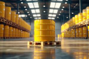 Bright yellow barrels arranged in a spacious warehouse photo