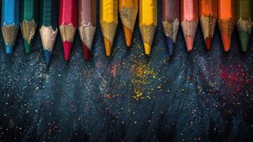 A Symphony of Color Worn Colored Pencils Resting on a Dusty Blue Surface photo