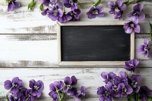 Violet flowers elegantly framing a rustic chalkboard background photo