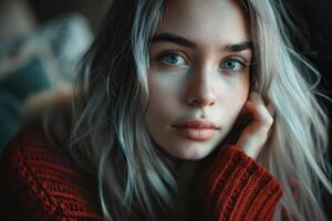 Thoughtful Young Woman with an Inspired Expression, Capturing a Moment of Contemplative Reflection photo