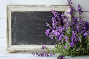 A rustic frame adorned with vibrant lavender blooms photo