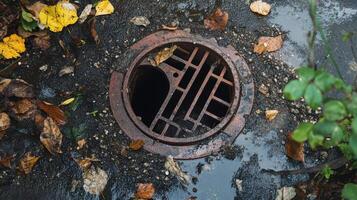 Damaged drain cover on a sewer pipe obstructed by debris. photo