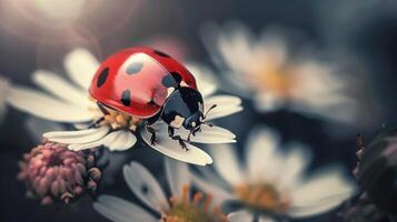 A Sunlit Ladybug Perched On A Daisy Petal photo