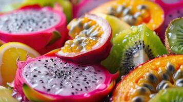 A Symphony of Tropical Fruit Dragon Fruit, Passionfruit, and Kiwi in Vibrant Harmony photo