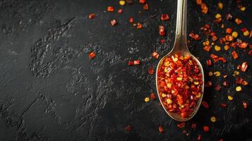 A spoonful of crushed red chili flakes placed on a dark table surface. photo