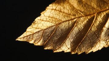 Close up view of a single gold leaf against a dark backdrop. photo