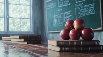 Educational setting featuring apples, textbooks, and a chalkboard. photo