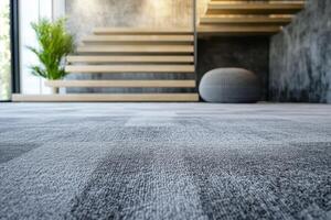 Modern interior design featuring textured carpet and staircase photo