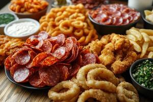 A vibrant spread of savory snacks for a festive gathering photo
