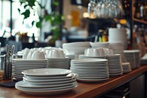 Stacked white dishes and glasses in a cozy restaurant setting photo