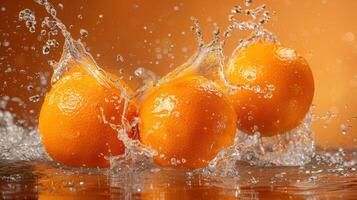 A Splash of Sunshine Three Oranges Plunge Into a Crystal Clear Pool photo
