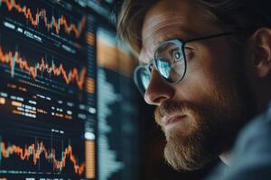 Focused analyst reviewing financial data at night photo