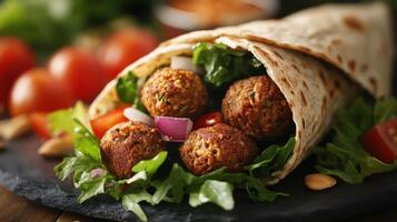 Falafel wrap loaded with fresh salad and ripe tomatoes. photo