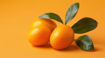 Three Kumquats With Green Leaves on a Vibrant Orange Background photo