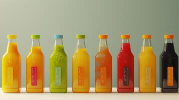 A Row of Colorful Glass Bottles Filled With Refreshing Beverages photo