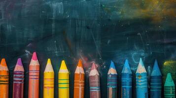 A Row of Colorful Pencils Awaiting Creative Inspiration on a Dusty Blackboard photo