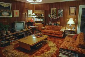 A Nostalgic Look at a Living Room Styled Like the 1970s with Classic Vintage Furnishings photo