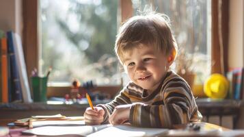 A Young Boy's Focused Determination While Drawing at a Window Seat photo