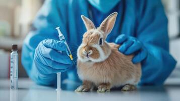 Veterinarian giving an injection to a rabbit using a syringe. photo
