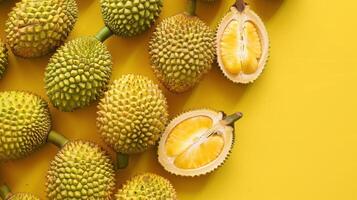 A Vibrant Arrangement of Durian Fruit on a Yellow Background photo