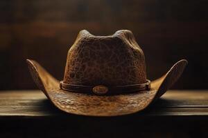 Rustic cowboy hat resting on wooden surface indoors photo