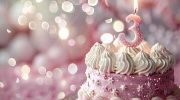 A Pink Birthday Cake With a Glittering Number Three Candle photo