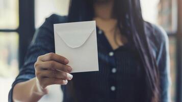 A Woman Holding a Blank Envelope Near a Window on a Sunny Day photo