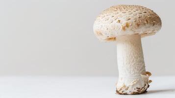 A Single Mushroom Stands Tall Against a Plain White Background photo