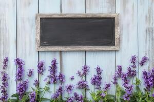 Vibrant lavender blooms frame a rustic chalkboard display photo