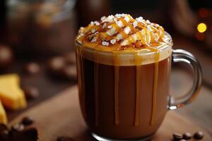 Delicious caramel latte topped with whipped cream and sprinkles photo