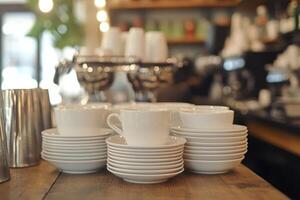 Stacks of white cups on wooden table in a cozy cafe photo
