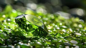 A Single Emerald Gemstone Rests Amongst a Bed of Green Crystals photo