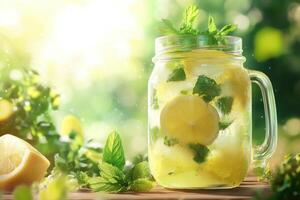 Refreshing lemonade with mint on a sunny morning photo