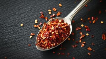 A spoonful of crushed red chili flakes placed on a dark table surface. photo