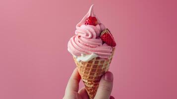 A Hand Holds a Strawberry Swirl Ice Cream Cone Against a Soft Pink Background photo