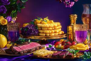 Lavish dinner spread with colorful delicacies at sunset photo