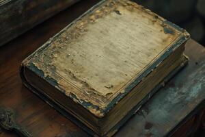 Ancient, weathered book resting on a wooden surface photo