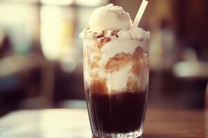 Delicious coffee float with ice cream on a sunny day photo